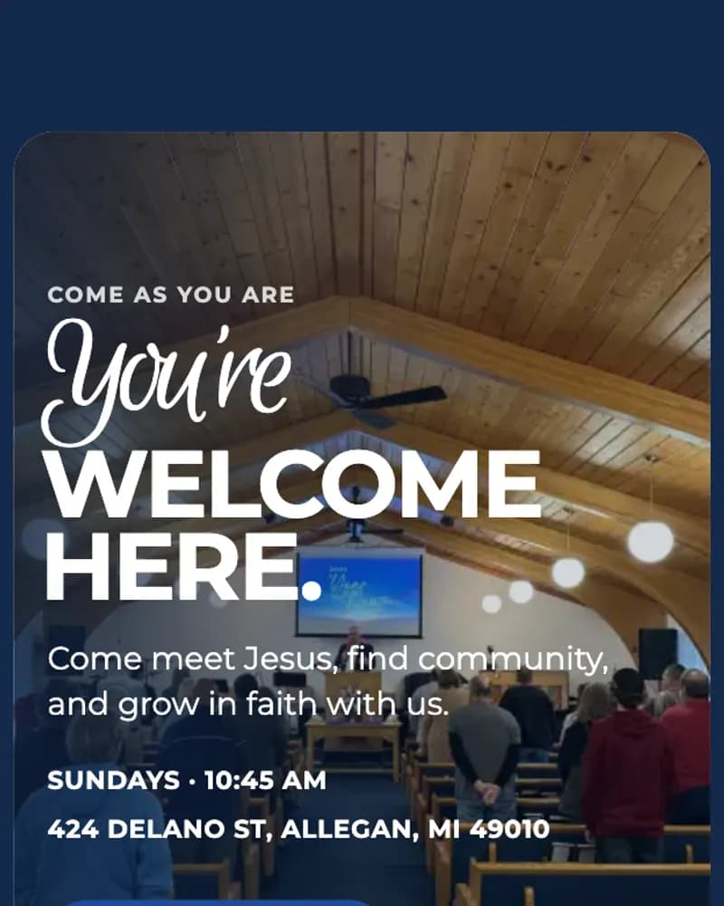 Allegan Assembly website home page, welcoming first-time visitors.