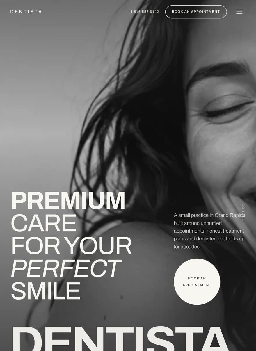 Dentista home page on load, with its headline and practice summary.