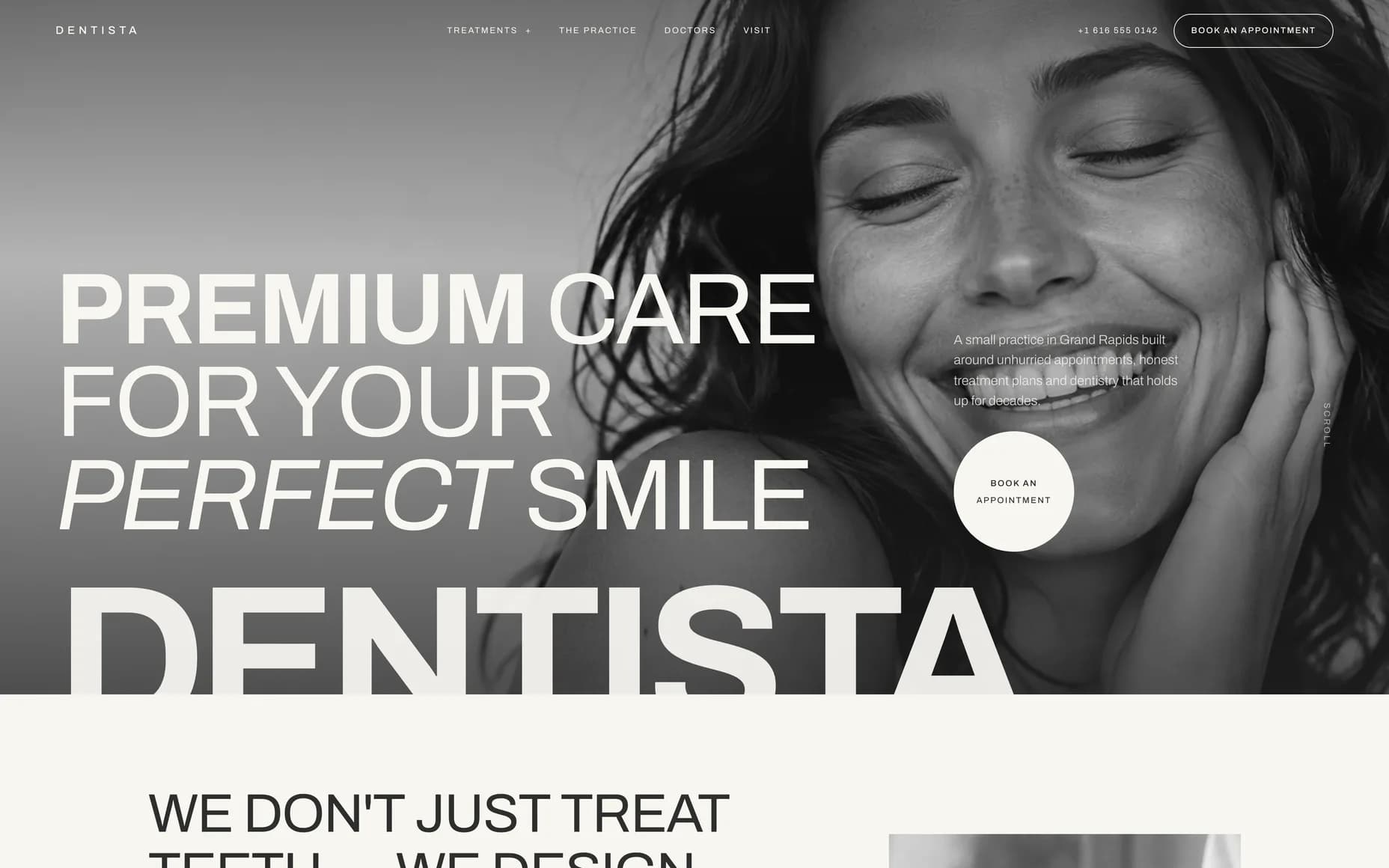 Dentista home page on load, with its headline and practice summary.