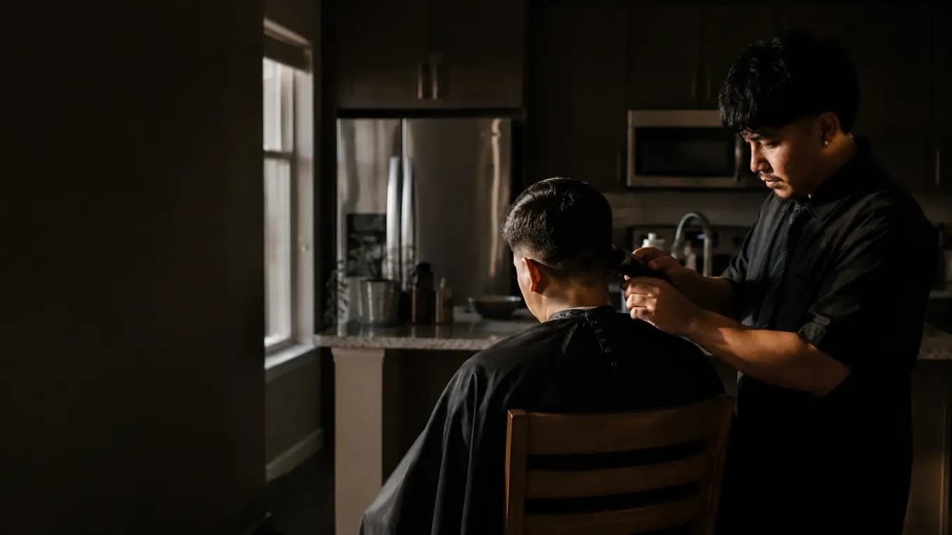 Wito cutting a client’s hair in the client’s kitchen.