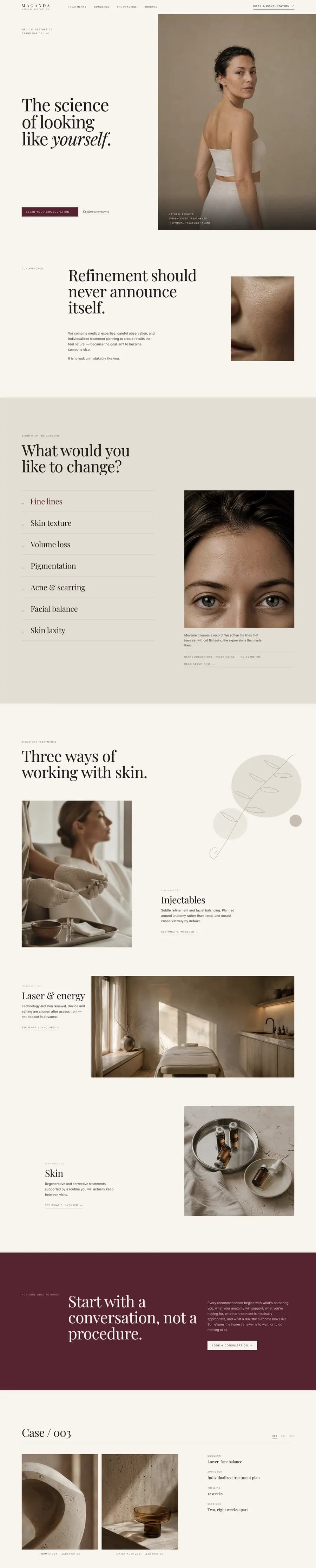 Full Maganda MedSpa homepage showing its editorial content flow