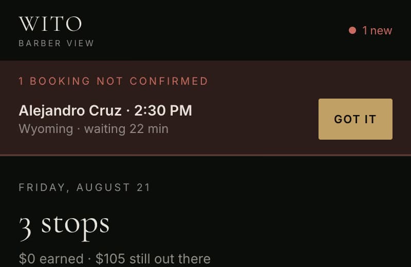 Wito barber view showing an unconfirmed booking and the day's stop count