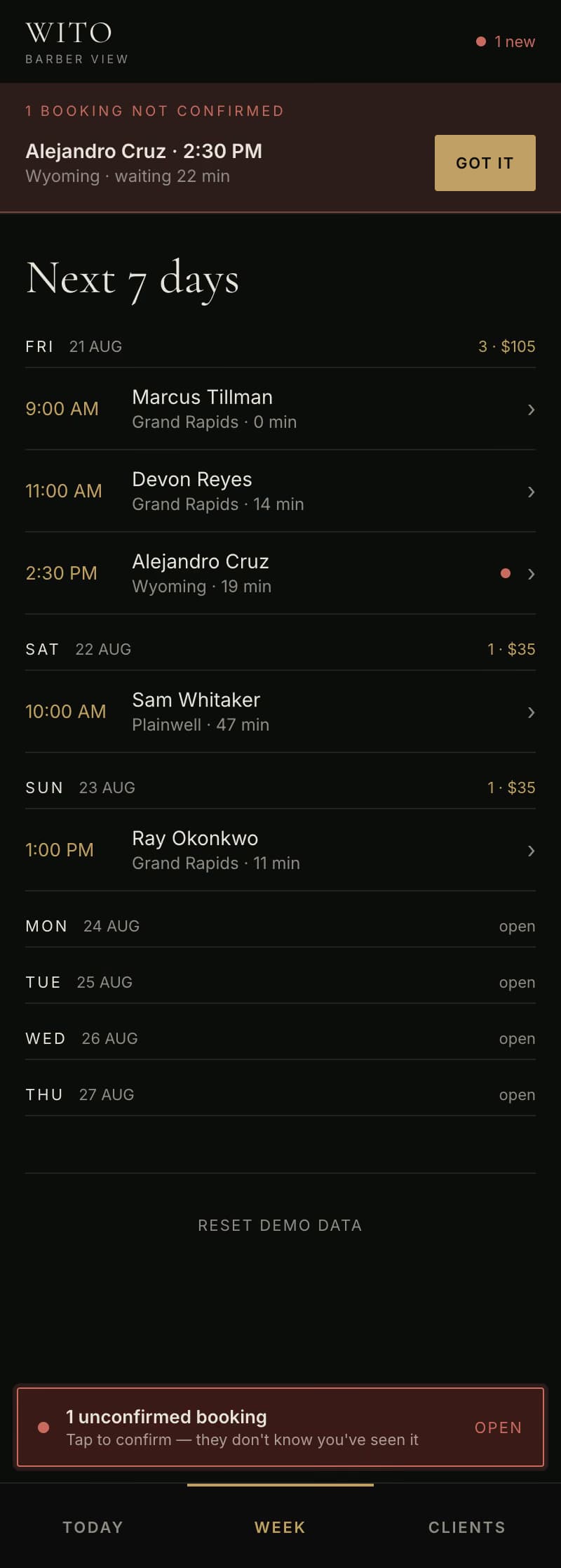 Wito barber view showing the next seven days of bookings