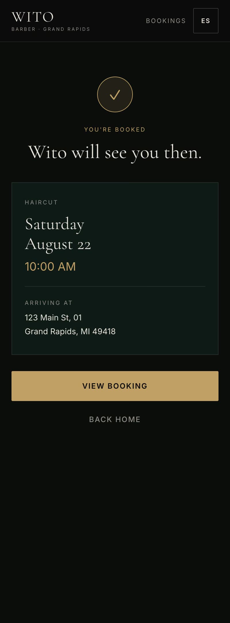 Wito mobile confirmation screen showing a completed prototype booking