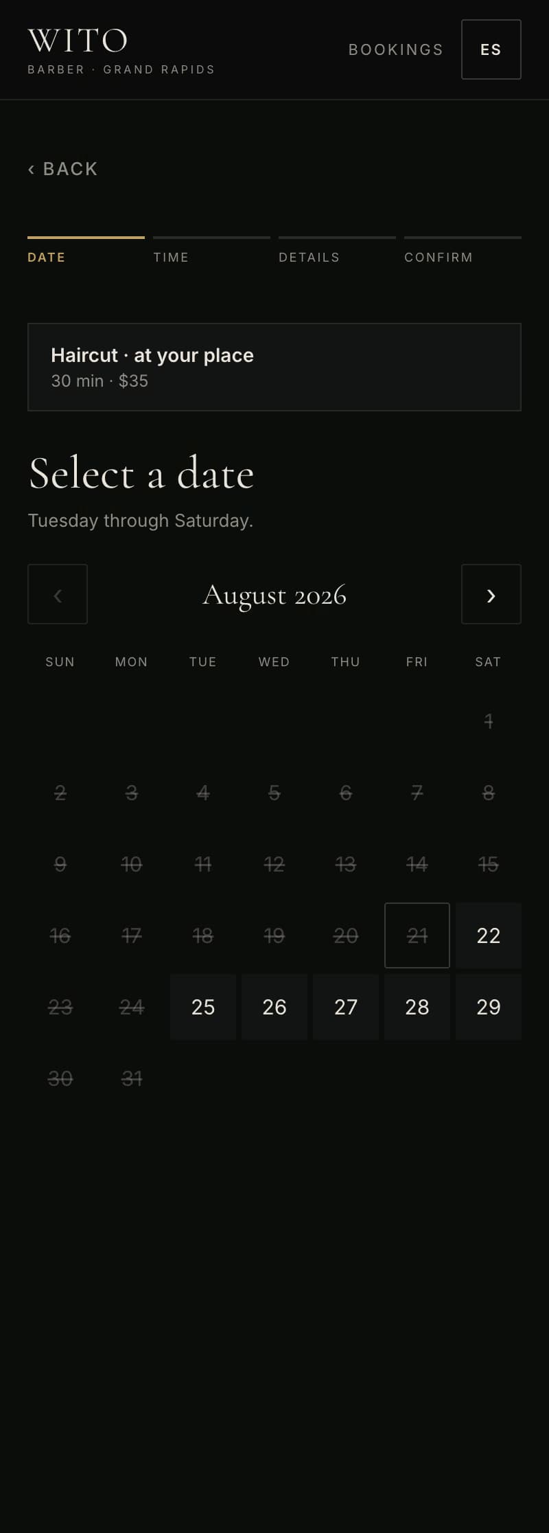 Wito mobile booking calendar for choosing a service date