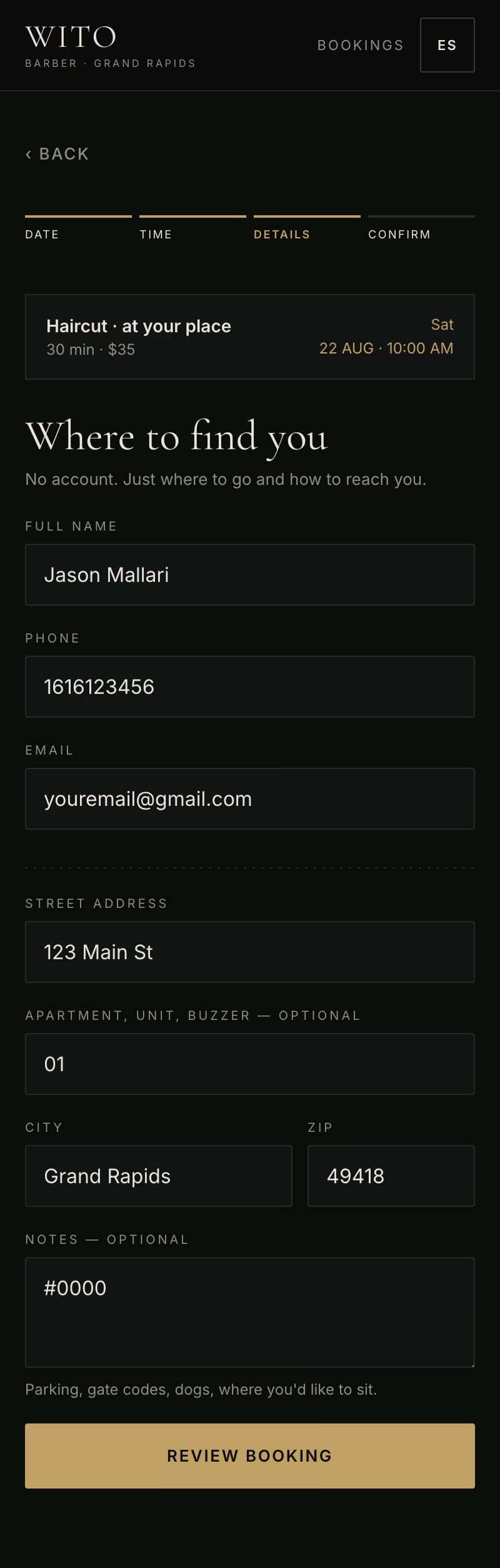 Wito mobile booking form filled with fictional prototype contact and address information