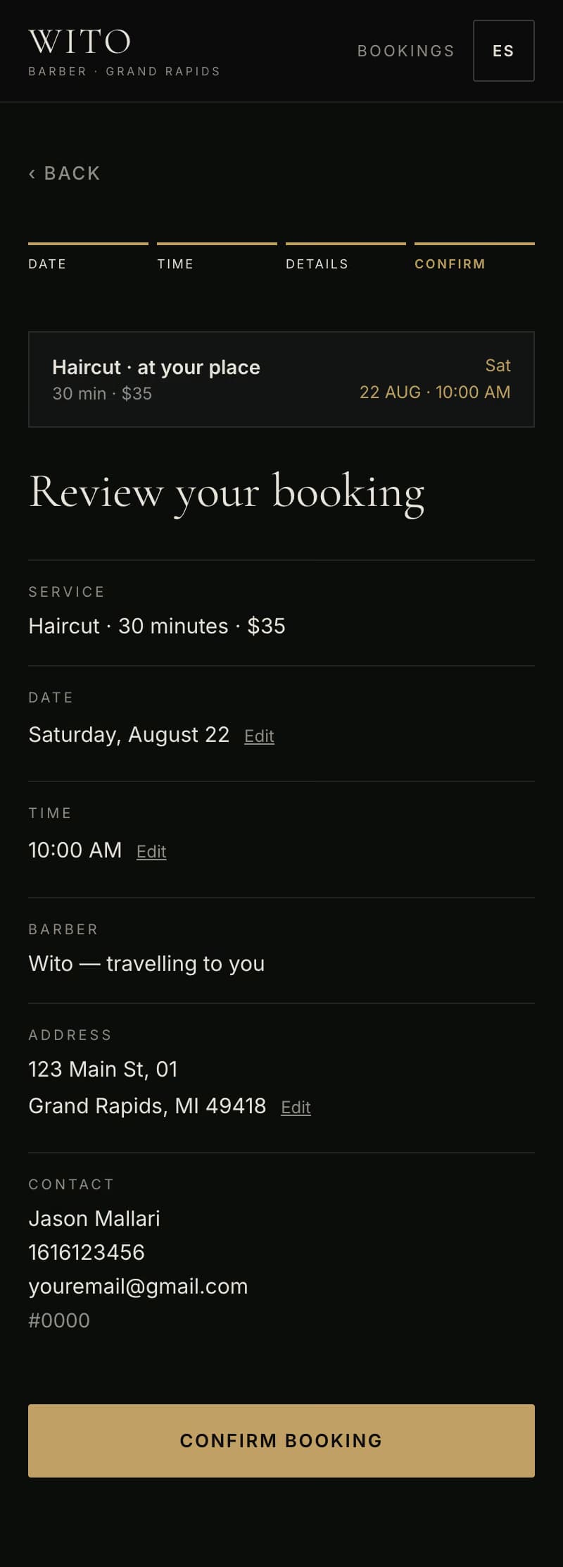 Wito mobile booking review showing fictional prototype appointment information