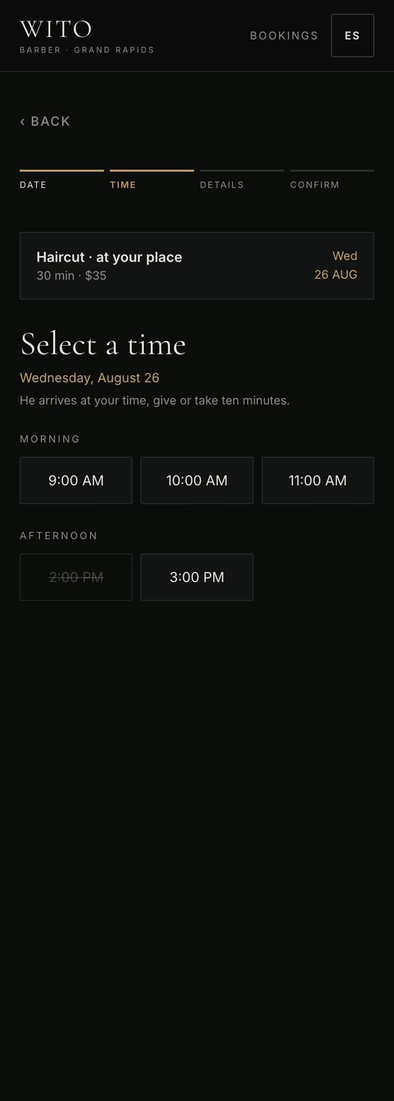 Wito mobile booking screen for choosing an available time